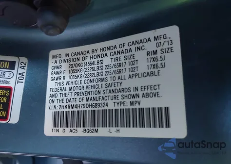 2013 Honda Cr-V Ex-L z USA, uszkodzony, nr VIN 2HKRM4H79DH689324